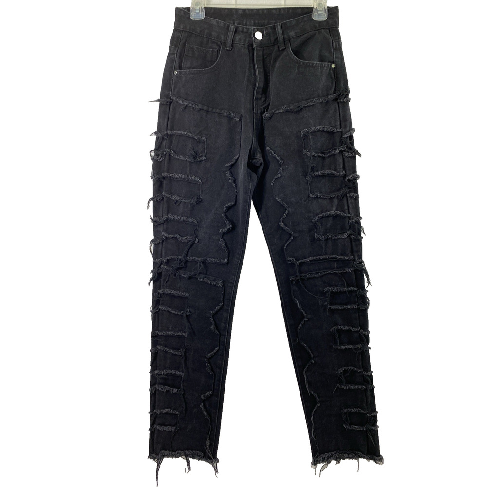 Womens Stacked Jeans Womens Size 30 Black Denim‎ Frayed Ripped Raw Hem High Rise